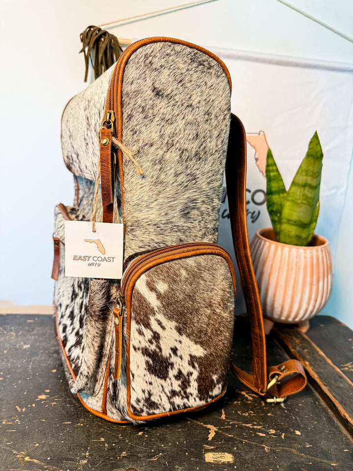 The Bubba Bag | Hair on Cowhide Full Grain Leather All Adventures Backpack in Speckled Hide