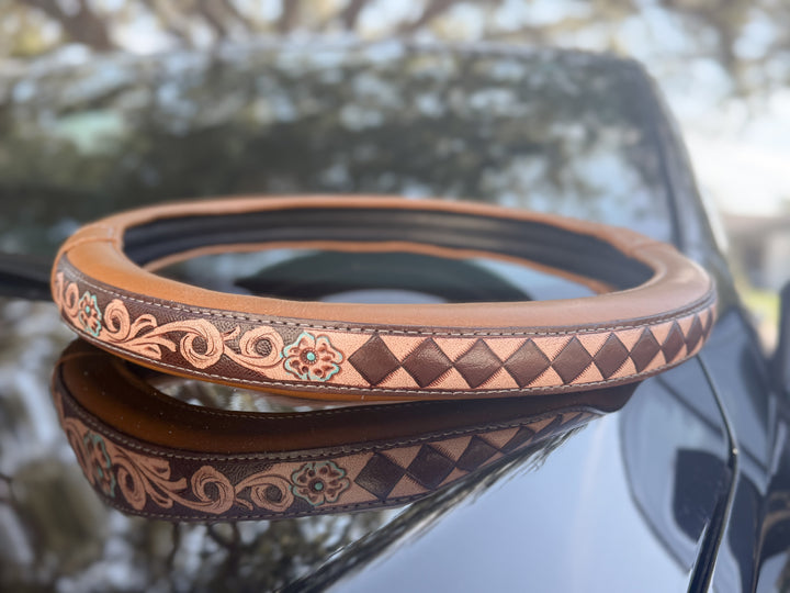 Western Tooled Leather Truck Steering Wheel Cover – 16″ Full-Grain (Tan or Black, Diamond Check)