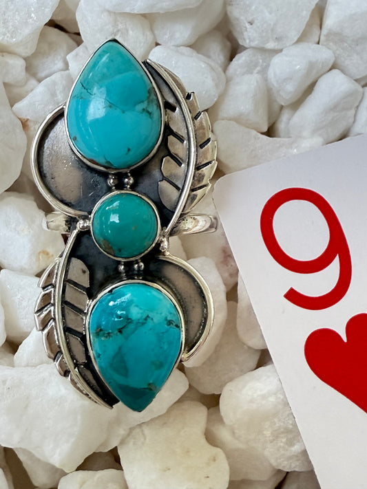 The Desert Feather – Triple Turquoise Statement Ring Sz 9