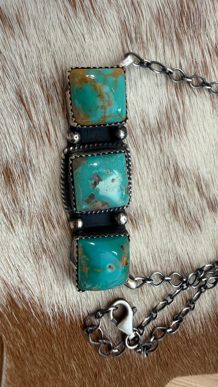 Navajo Handmade Triple Turquoise Bar Necklace | Sterling Silver | Alysa Martinez | 18” Southwestern Necklace