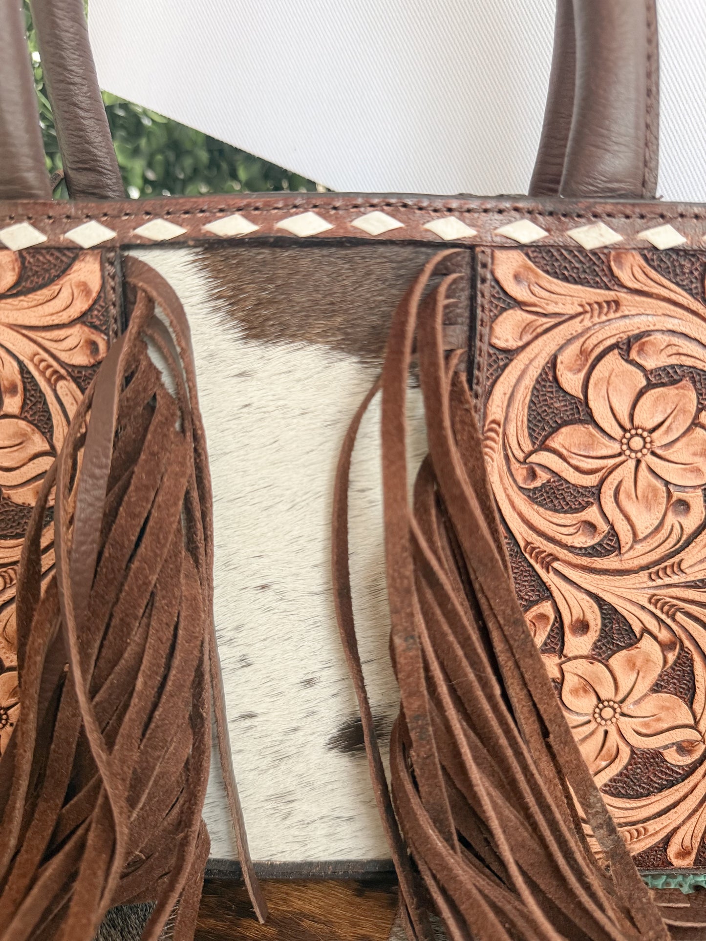 Little Wildflower : Hand Tooled Leather Cowhide and Fringe Mini Western Purse with Handles and Detachable Crossbody Strap