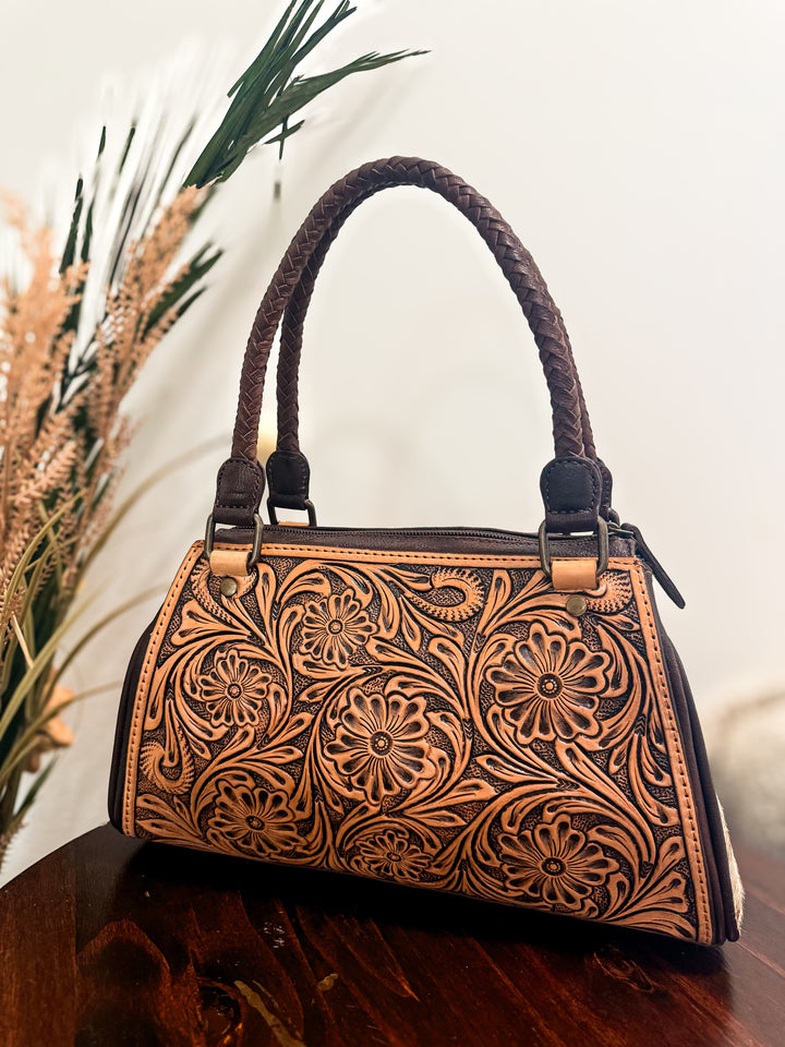 Tooled Leather & Speckled Cowhide Structured Handbag