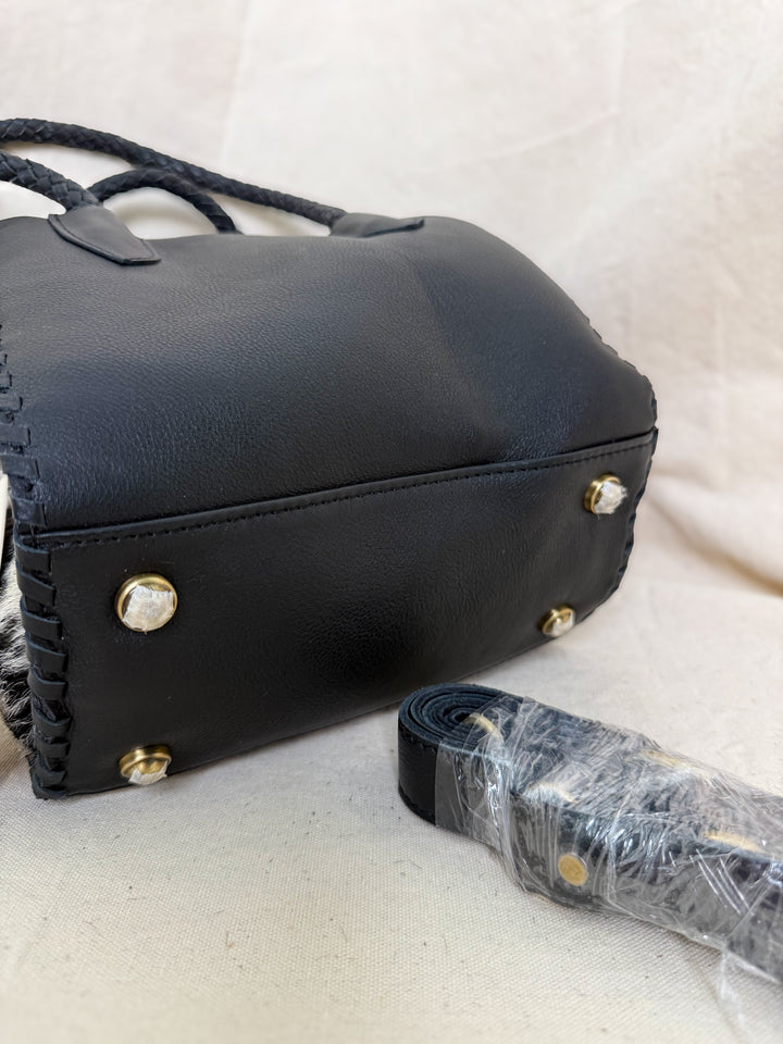 Soft & Strong™ Cowhide Satchel | Black & White Genuine Hair-On Hide Black Leather Handbag