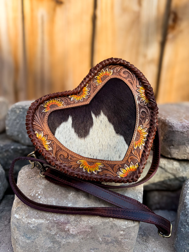 Sunflower Sweetheart Crossbody | Tooled Leather & Cowhide Heart Purse