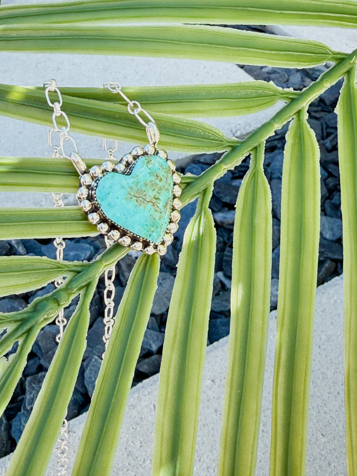Navajo Handmade Kingman Heart Turquoise Sterling Silver Necklace Signed