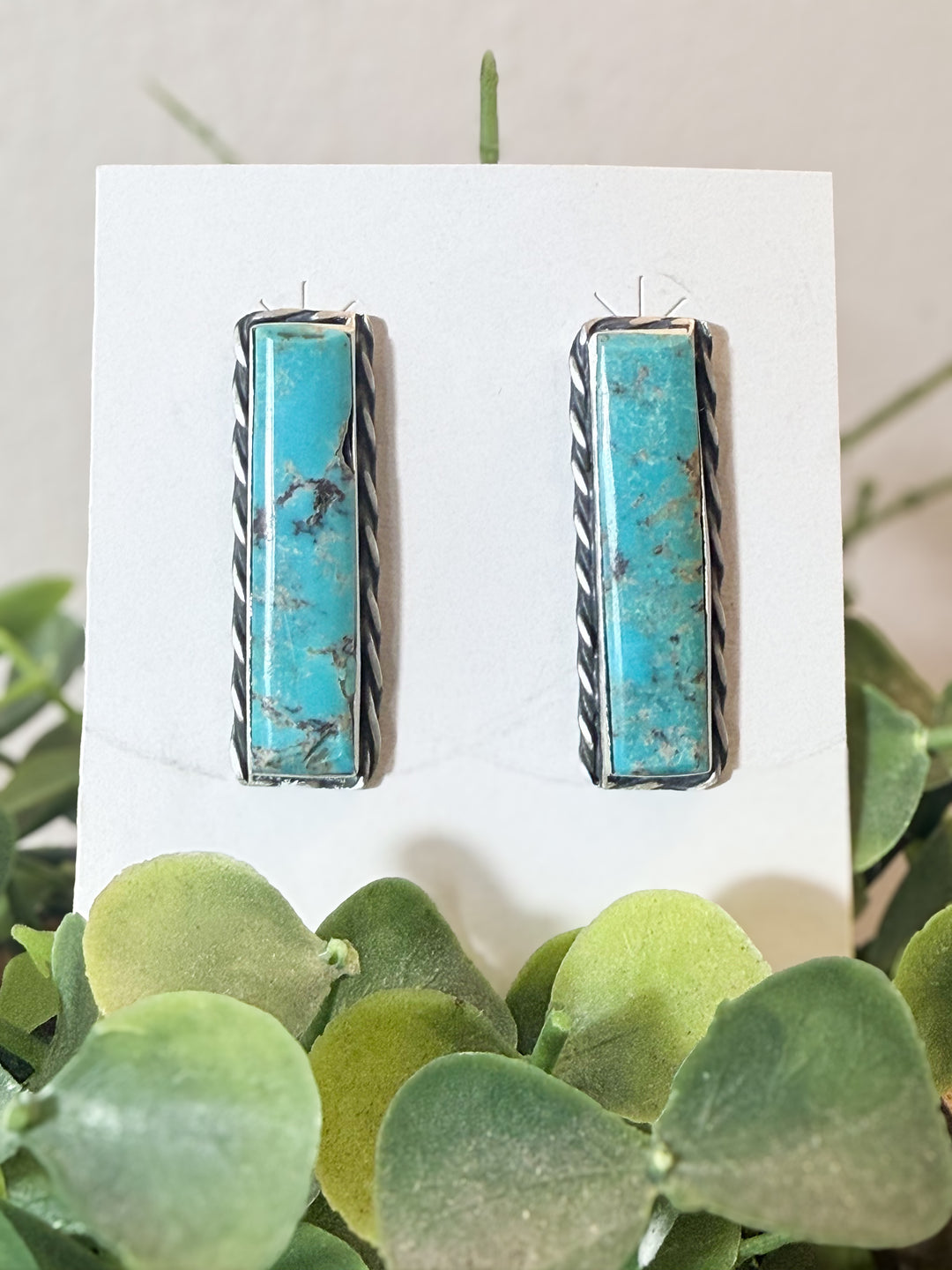 Steve Francisco Navajo handmade Kingman turquoise sterling silver rectangular bar post earrings