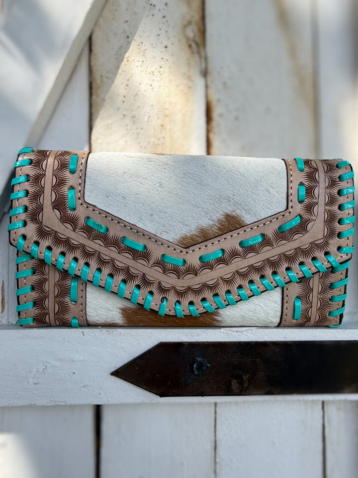 Turquosie Tangle | Southwestern Tooled Leather Turquoise Stitched Cowhide Wallet