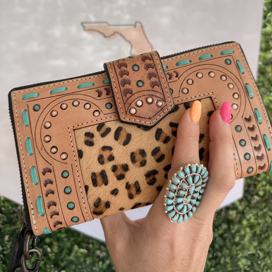 Wild Side : Tooled Leather Hair-On-Hide Cheetah design Turquoise Detail Wallet with Hand Strap