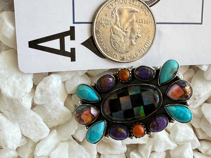 Southwestern 925 Handcrafted Mosiac Onyx, Turquoise, Spiny Oyster Asjustable Ring