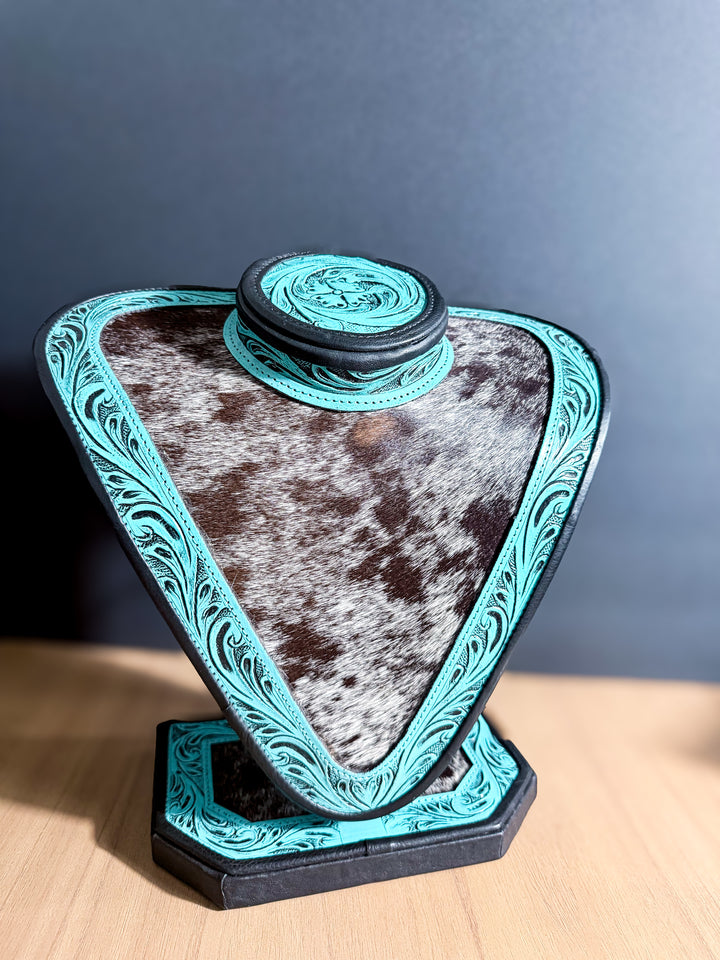 Cowhide Necklace Display Bust | Tooled Leather Jewelry Stand