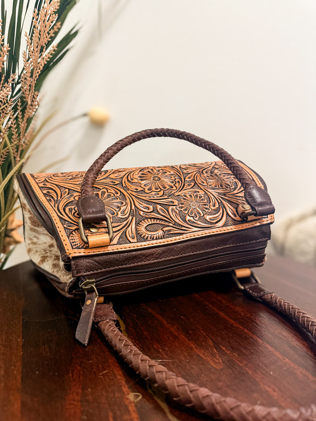 Tooled Leather & Speckled Cowhide Structured Handbag