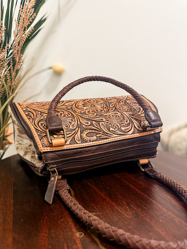 Tooled Leather & Speckled Cowhide Structured Handbag