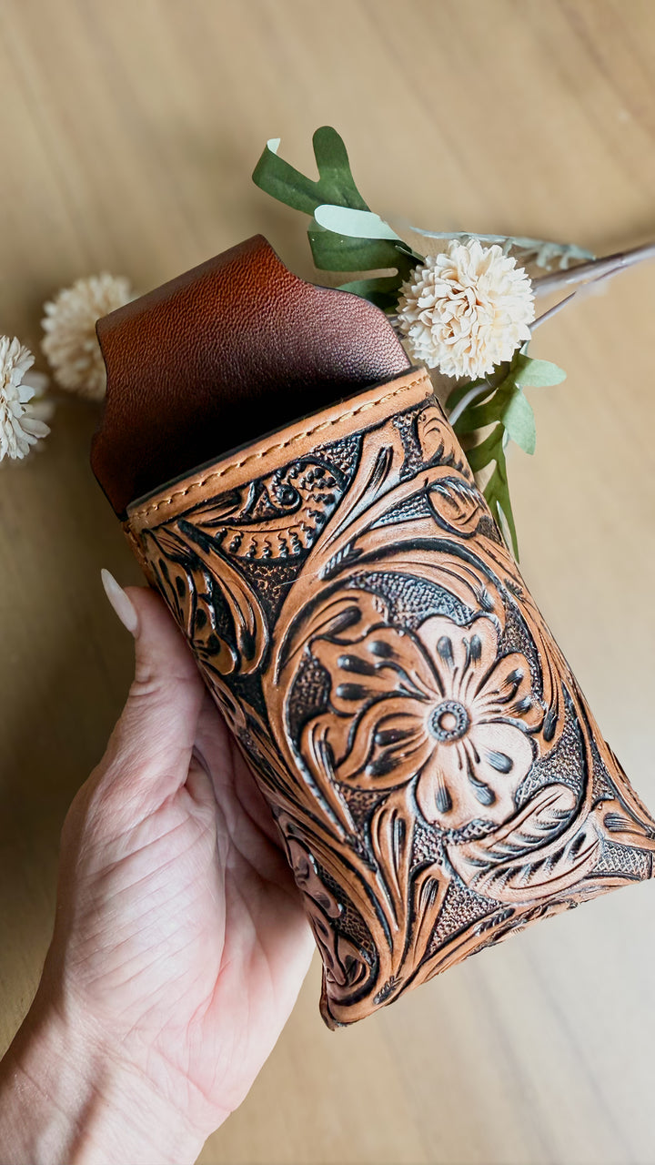 Tooled Leather Belt Drink Holster | Hands-Free Beverage Holder | Genuine Leather Festival, Market & Camping Cup Holder