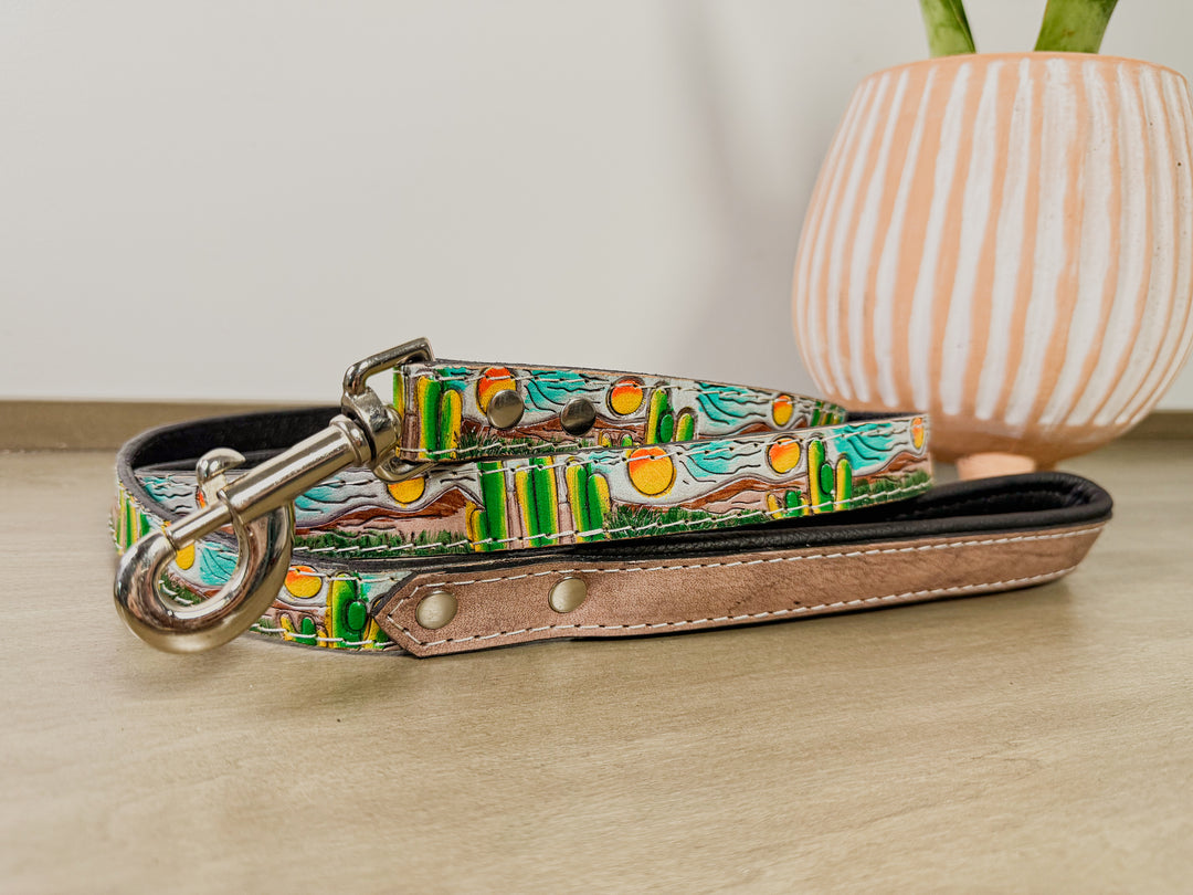 Tooled Leather Southwestern Style Dog leash with colorful desert scene design by East Coast Carry