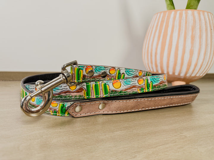Tooled Leather Southwestern Style Dog leash with colorful desert scene design by East Coast Carry