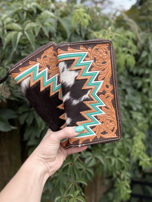 Retro Range Wallet : Tooled Leather and Cowhide Zipper Wallet