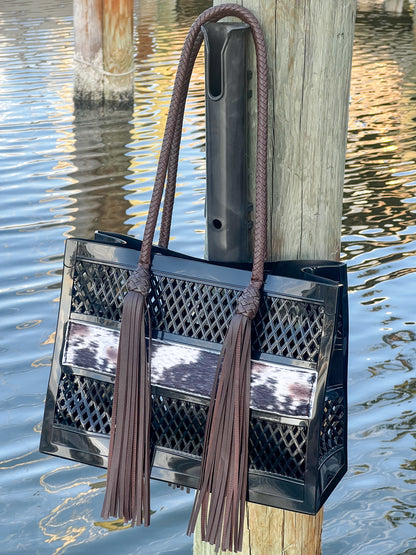 The Coastal Cowgirl - Western PVC Beach Bag with Cowprint Detail and Hand Braided Fringe Handles
