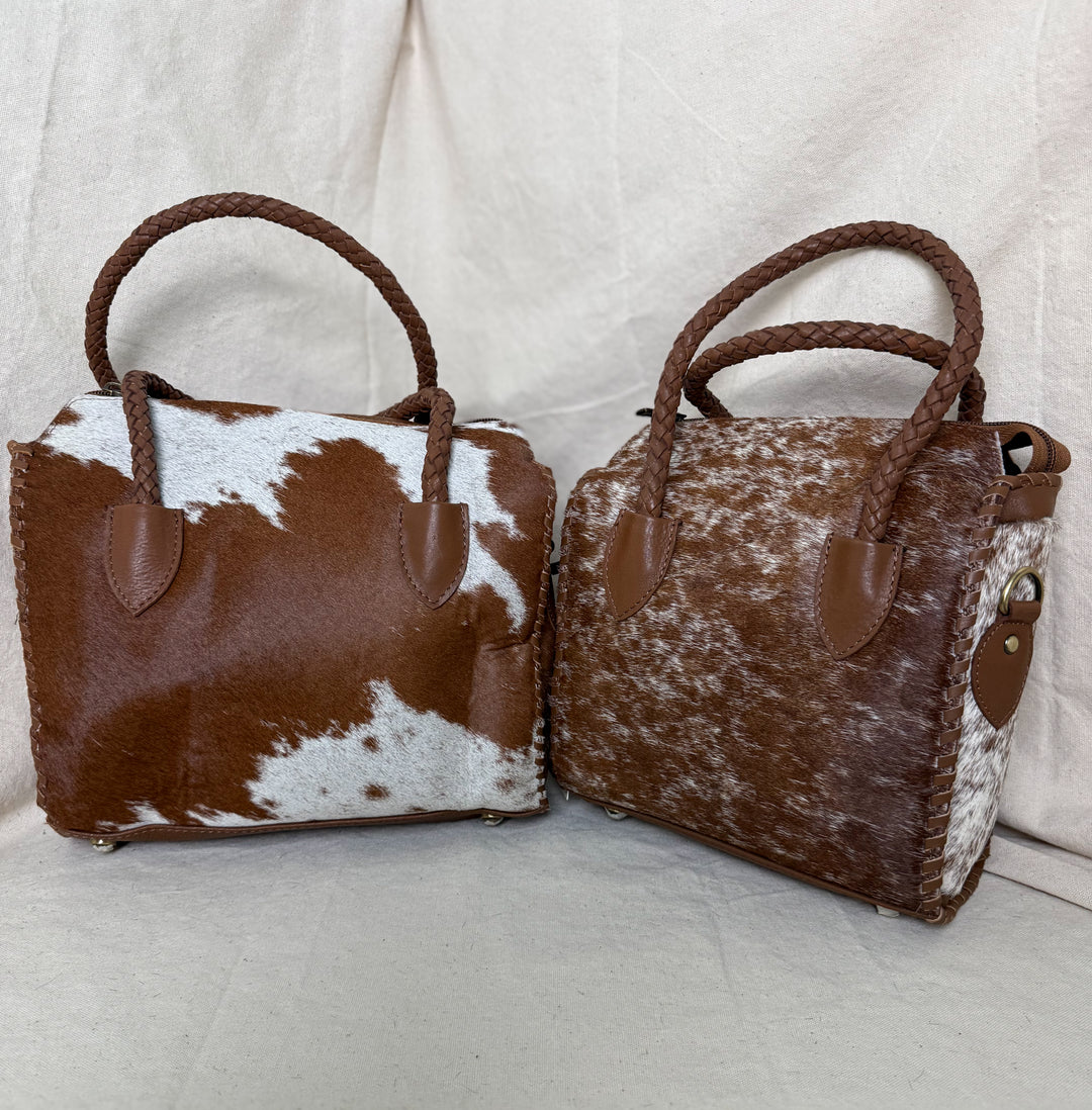 Soft & Strong™ Cowhide Satchel | Caramel & White Genuine Hair-On Hide Leather Handbag