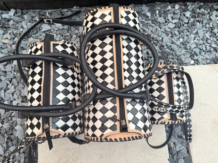 The Speed Check | Handmade Leather Checkered Bowler Bag 3 Sizes Genuine Leather Black White Checkered Tooled Design Structured Satchel