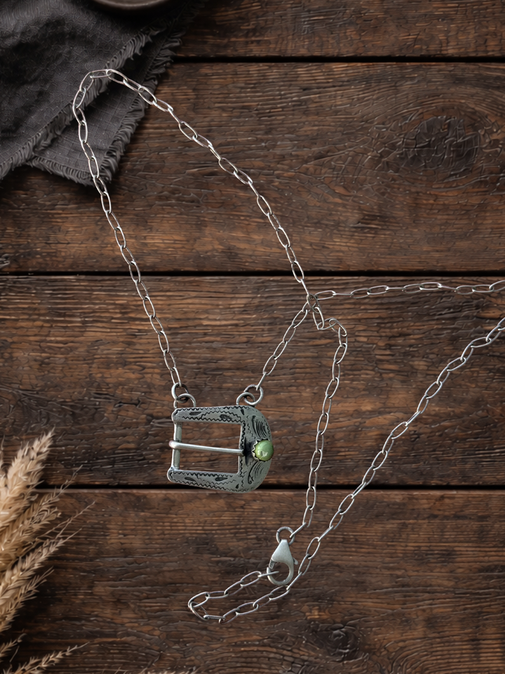 Native American Sterling Silver Handmade Belt Buckle Necklace – PW Signed Turquoise Pendant (20”)
