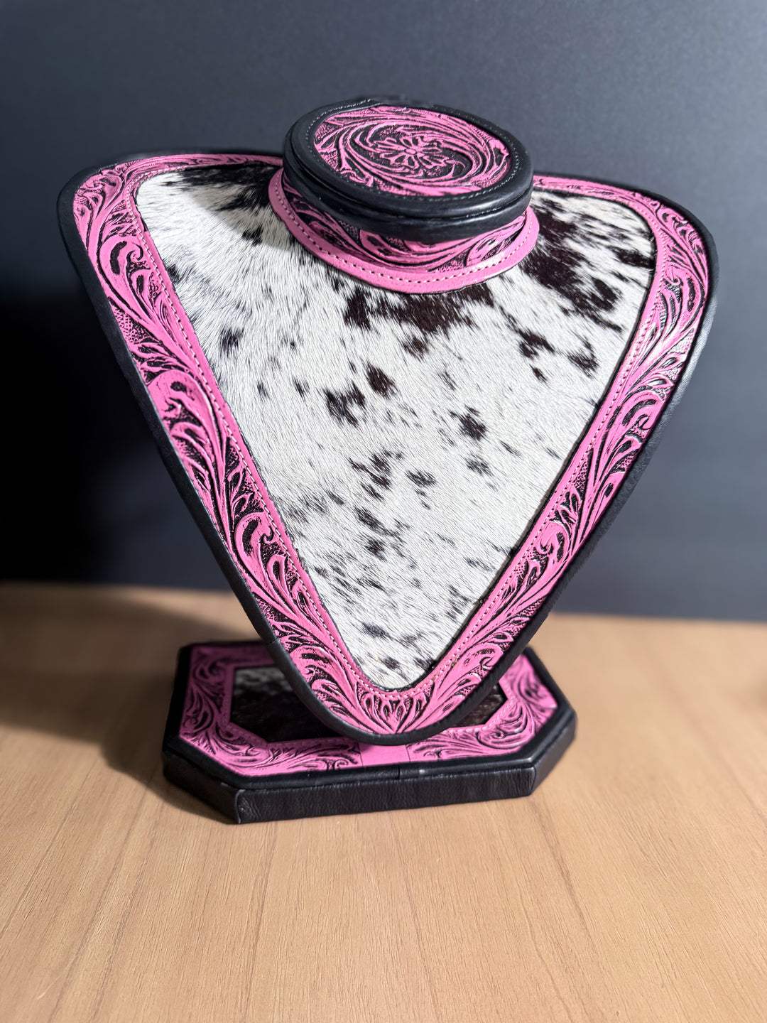 Cowhide Necklace Display Bust | Tooled Leather Jewelry Stand