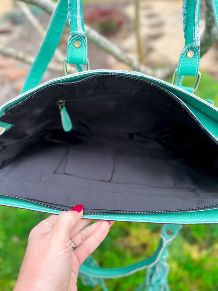 Get to Work Bag | Minty Blue Leather, Tooled Floral & Cowhide Concealed Carry Tote