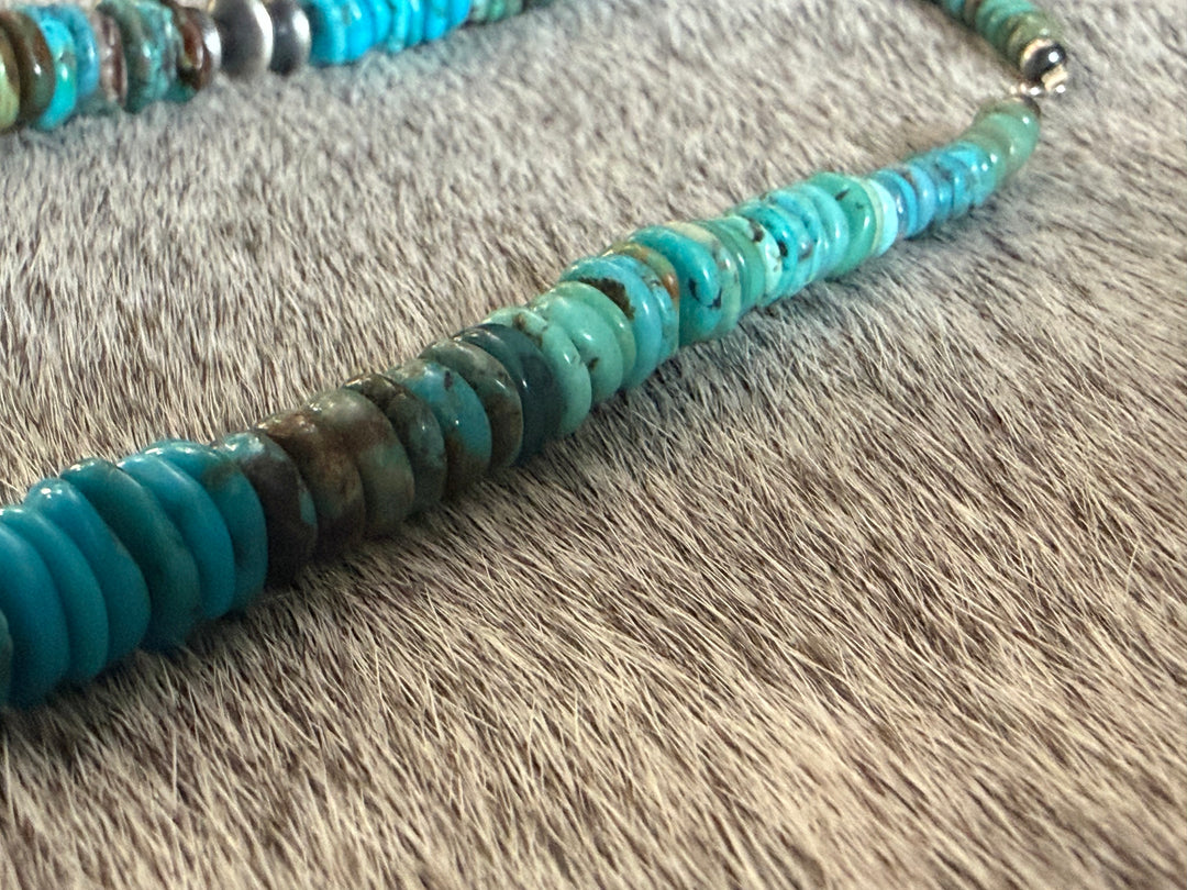 Navajo Turquoise Heishi & Sterling Silver Pearl Necklace – Handmade 19.5” – By Mason Lee