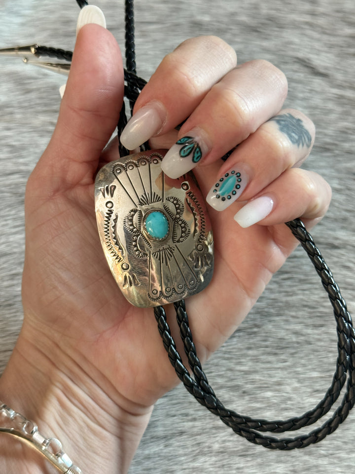 Navajo Sterling Silver Concho Bolo Tie – Kingman Turquoise – Signed Joan Begay