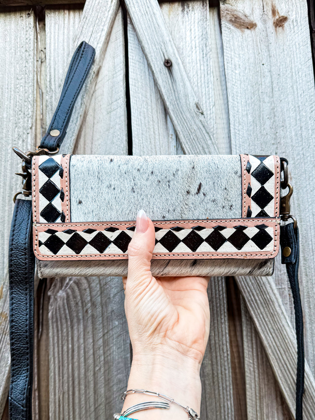 Speed Check Diamond Clutch | Black and White Cowhide Leather Diamond Checkered Convertible Clutch
