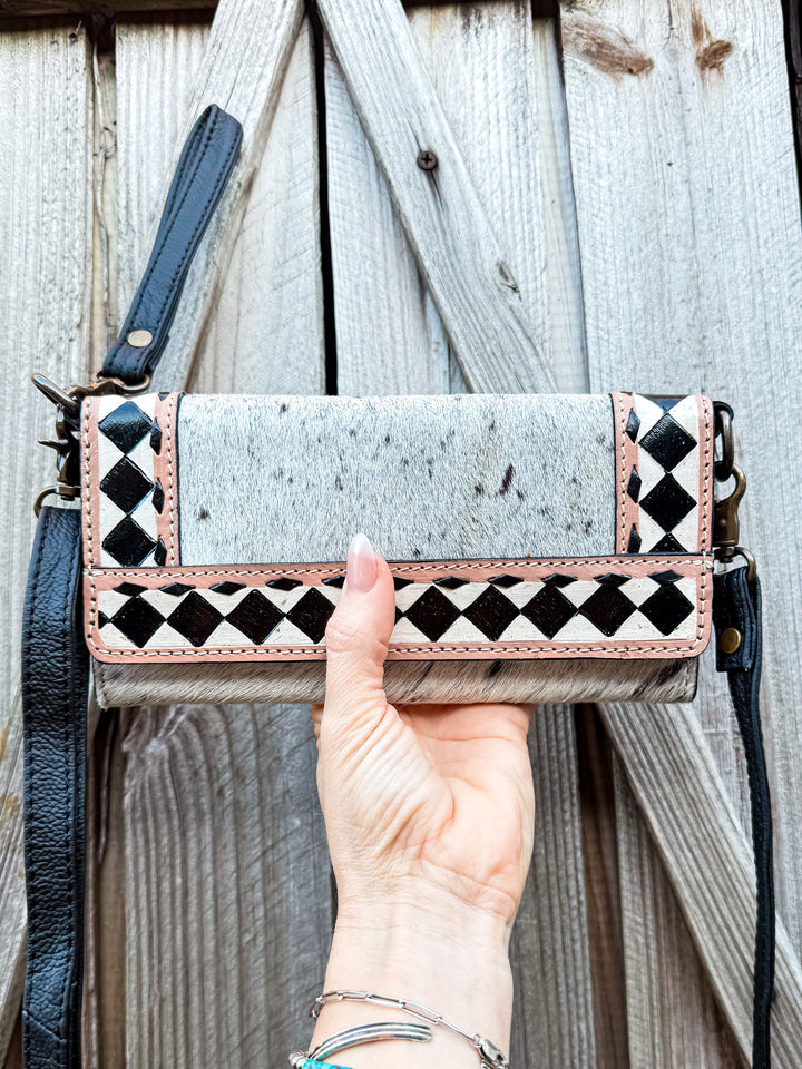 Speed Check Diamond Clutch | Black and White Cowhide Leather Diamond Checkered Convertible Clutch