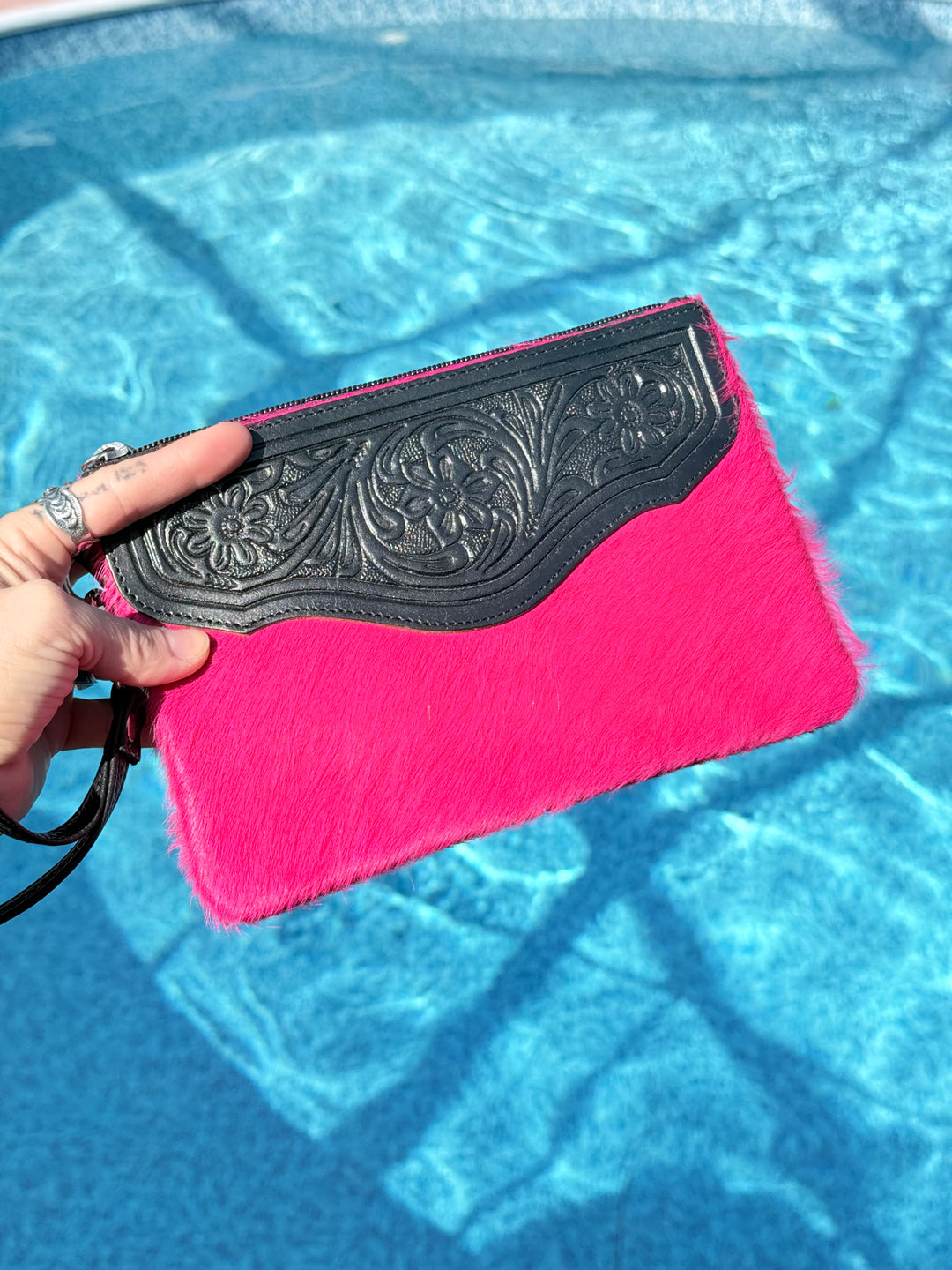 Hot Pink Cowhide Tooled Leather Wristlet