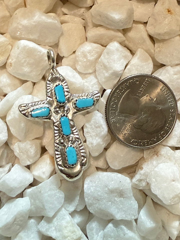 Native American Zuni handmade signed Sterling Silver & Turquoise Cross Pendant