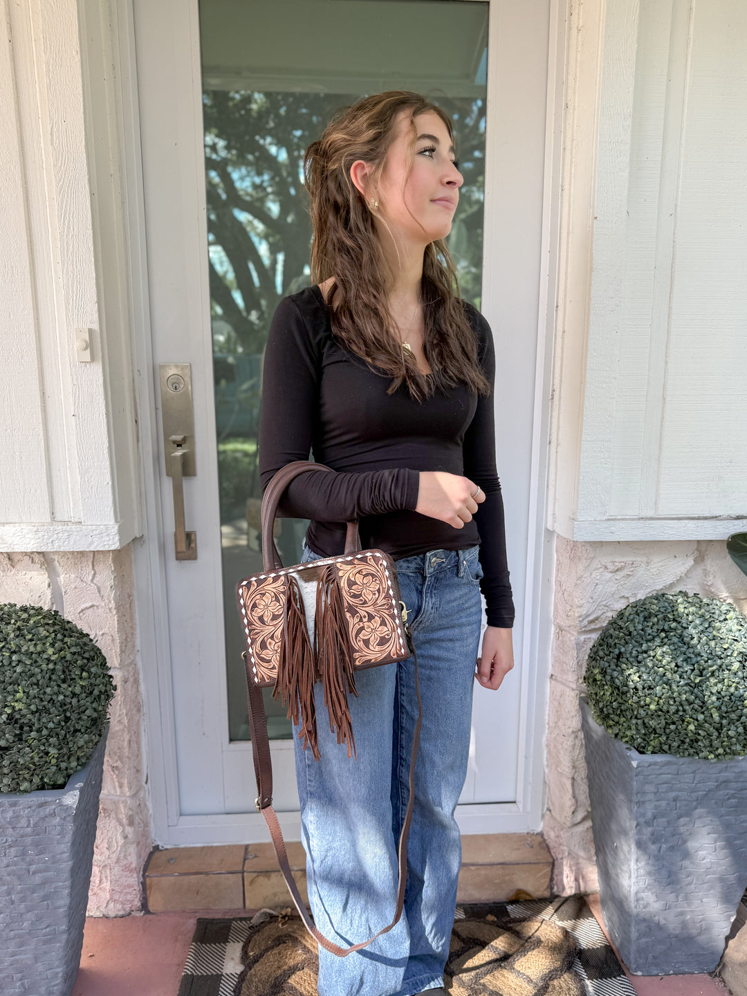 Little Wildflower | Hand Tooled Leather Cowhide and Fringe Mini Western Purse with Handles and Detachable Crossbody Strap