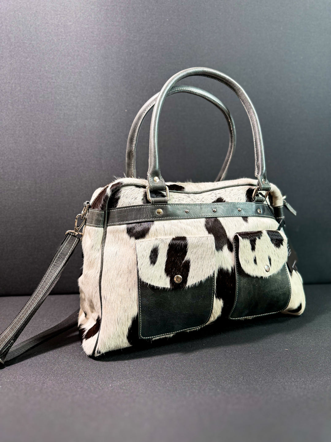 black and white cowhide leather weekender bag western duffle purse with front pockets
