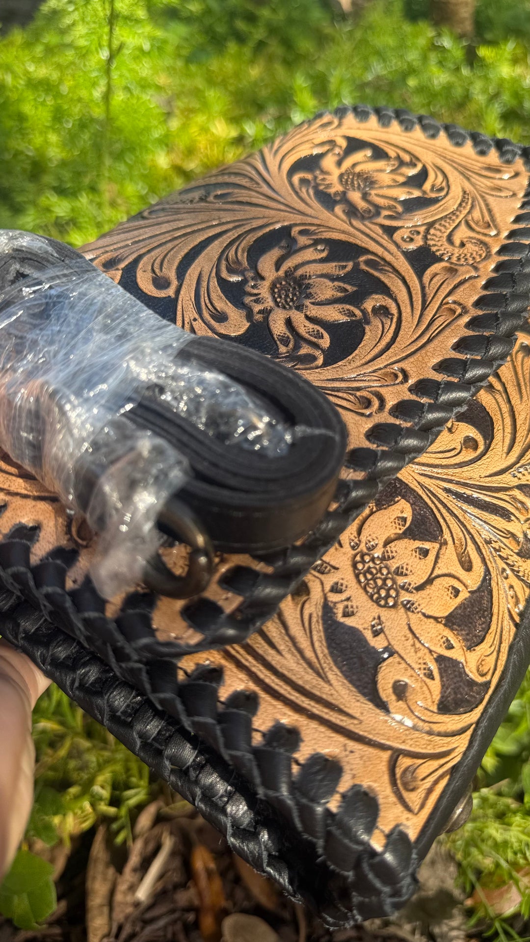 Black and Bloom | Full Grain Brown Tooled Leather Western Crossbody Purse