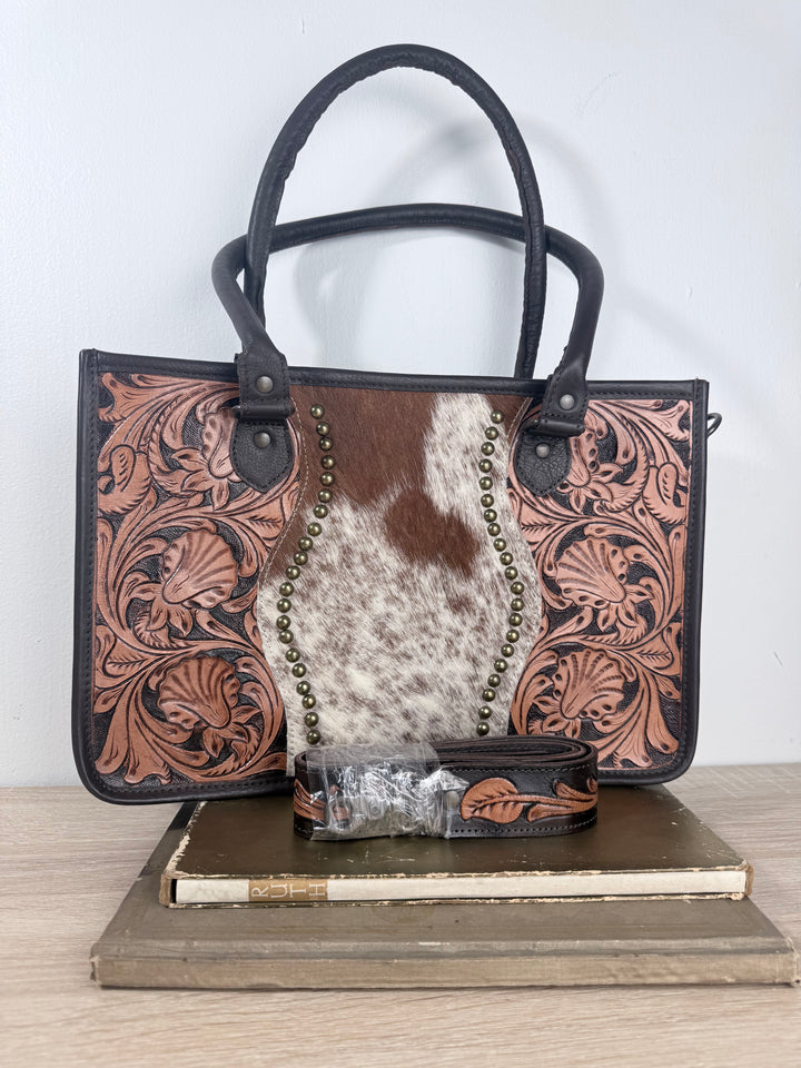 The Working Girl | Tooled Leather & Cowhide Concealed Carry Tote