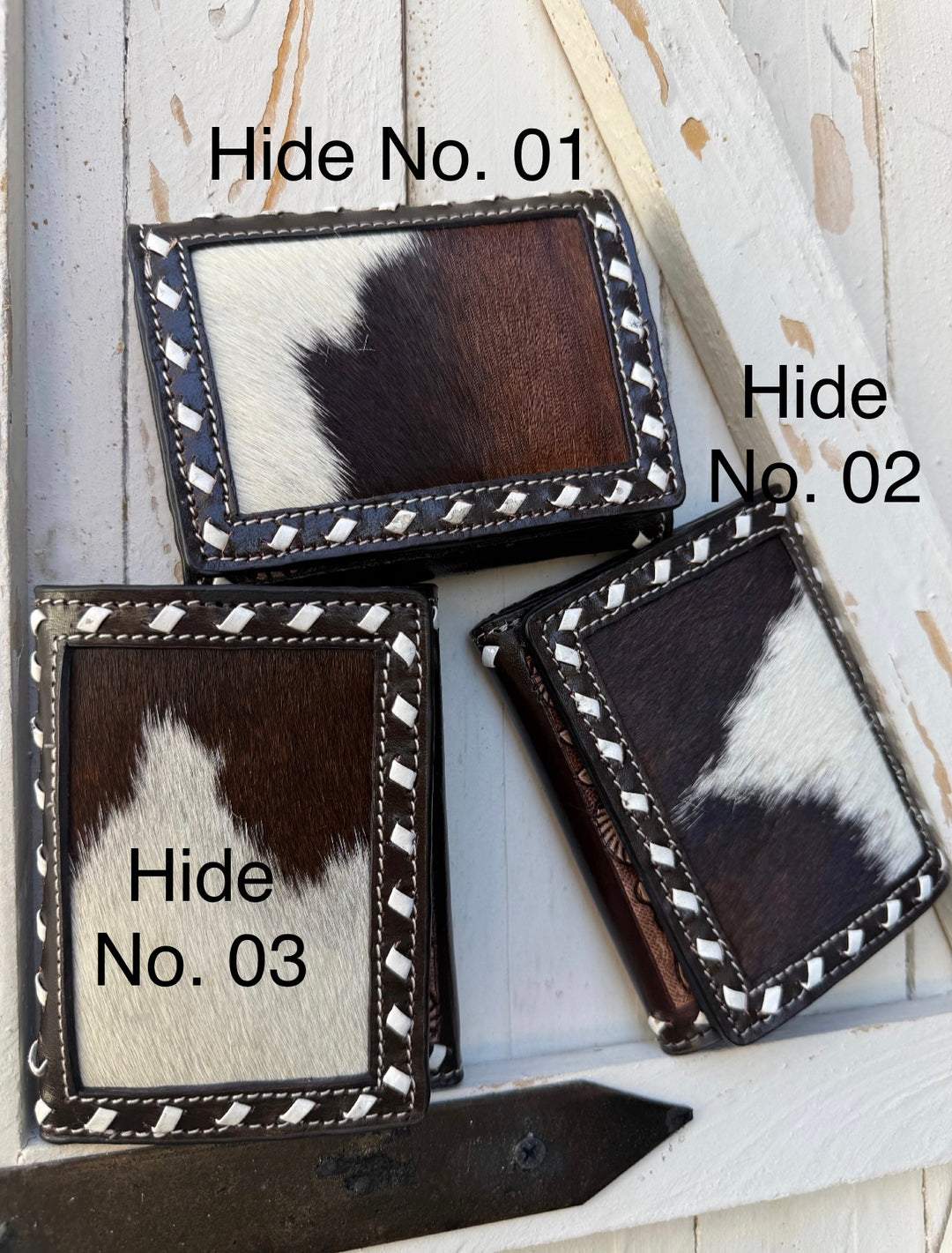 Compact Cowhide & Tooled Leather Trifold Whipstitch Wallet