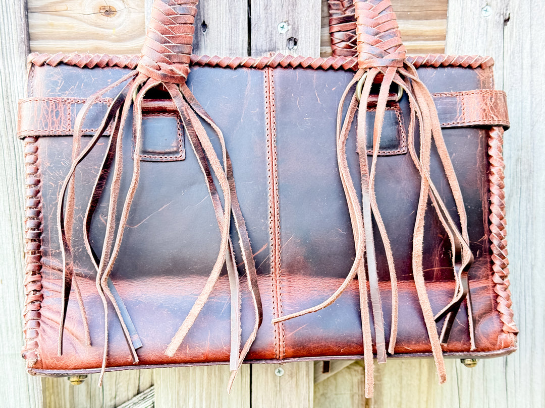 The Everglades Outrider | Distressed Brown Leather Western Purse with Braided Straps and Hair on Cowhide