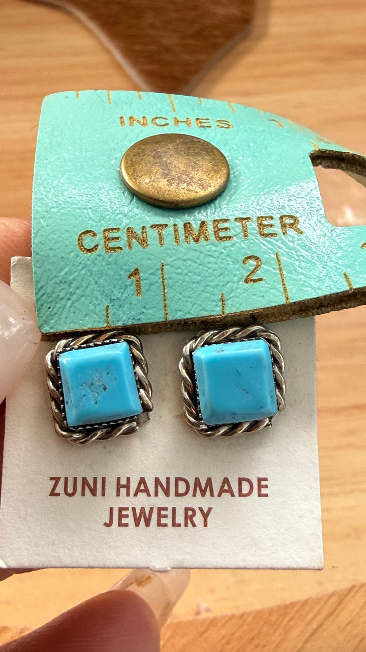 Zuni Handmade Kingman Turquoise Stud Earrings | 8mm Sterling Silver Turquoise Studs | Native American Jewelry