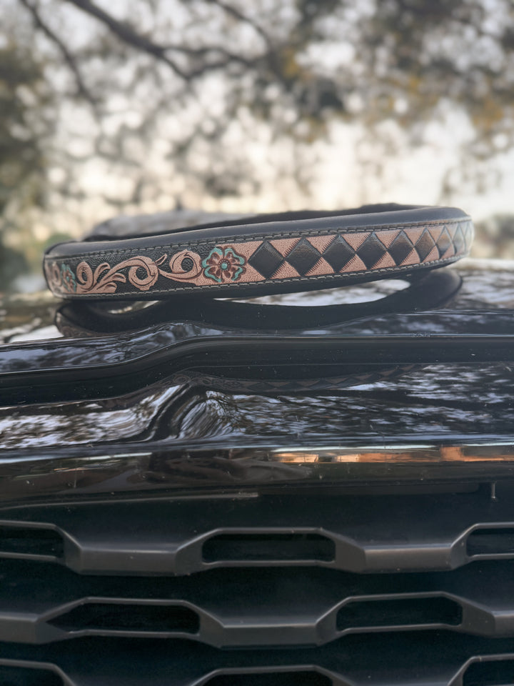 Western Tooled Leather Truck Steering Wheel Cover – 16″ Full-Grain (Tan or Black, Diamond Check)