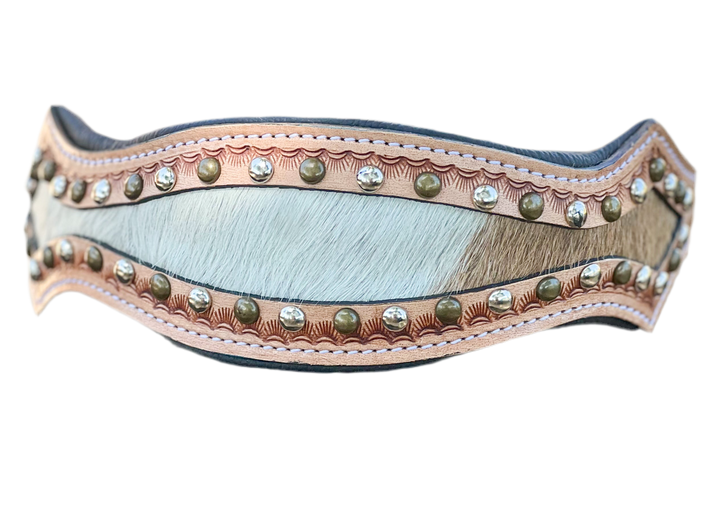 The Outlaw : (XL) cowhide tooled leather studded dog collar