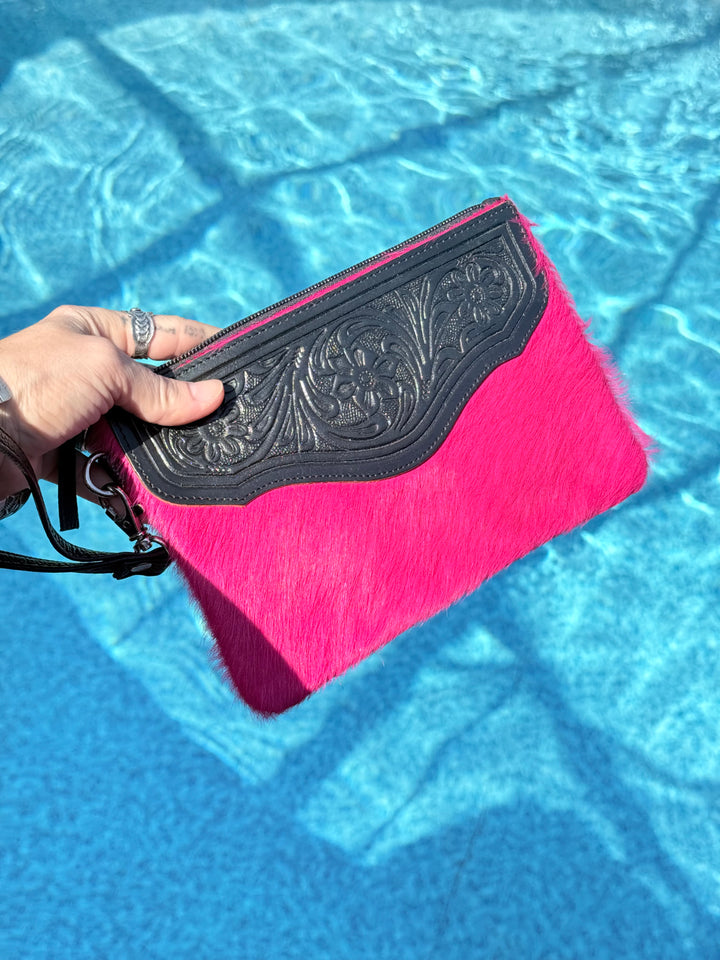 Hot Pink Cowhide Tooled Leather Wristlet