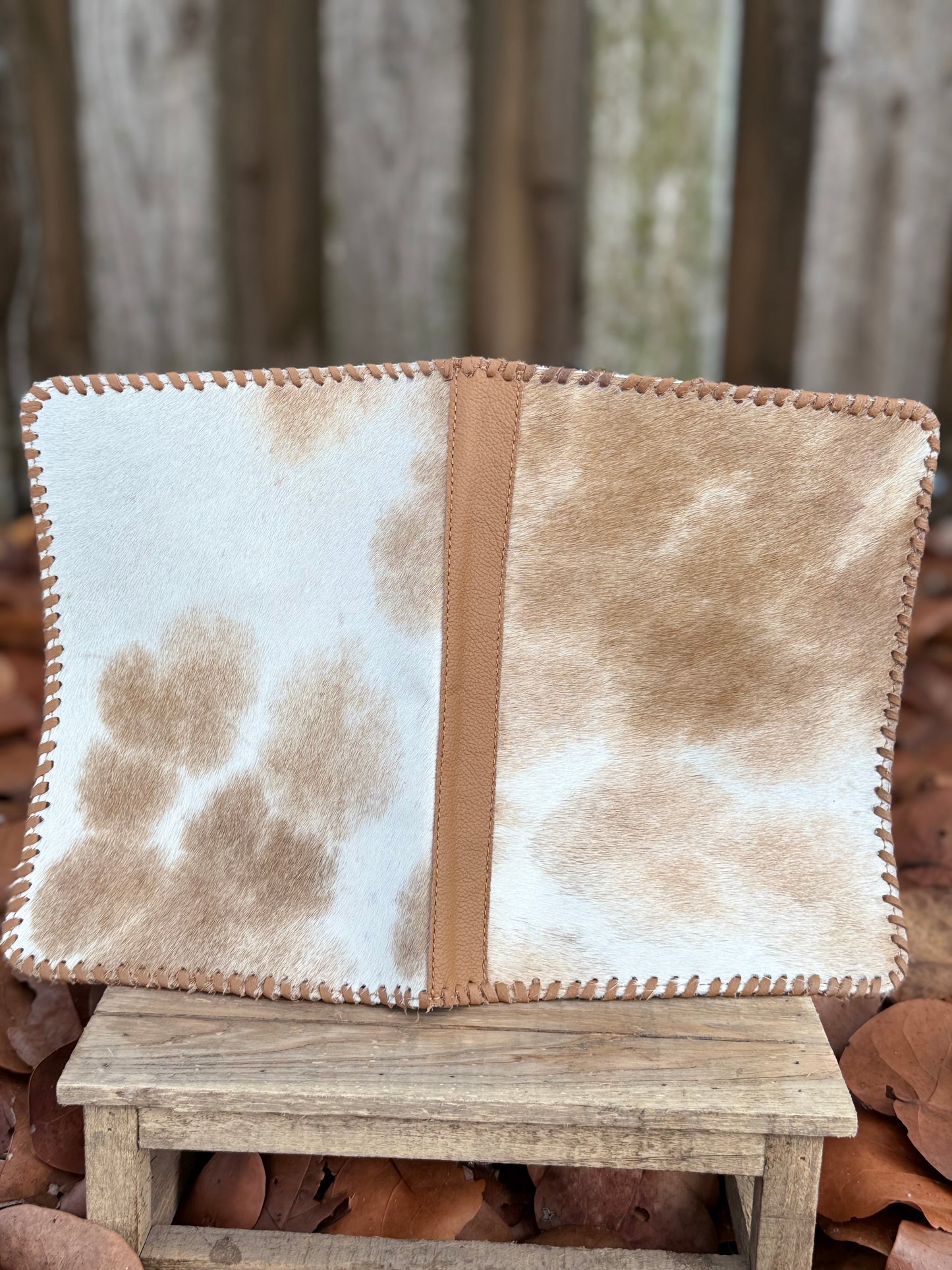 Tan Leather & Cowhide Bible Cover – Handmade Western Book Sleeve for Large Bibles & Notebooks
