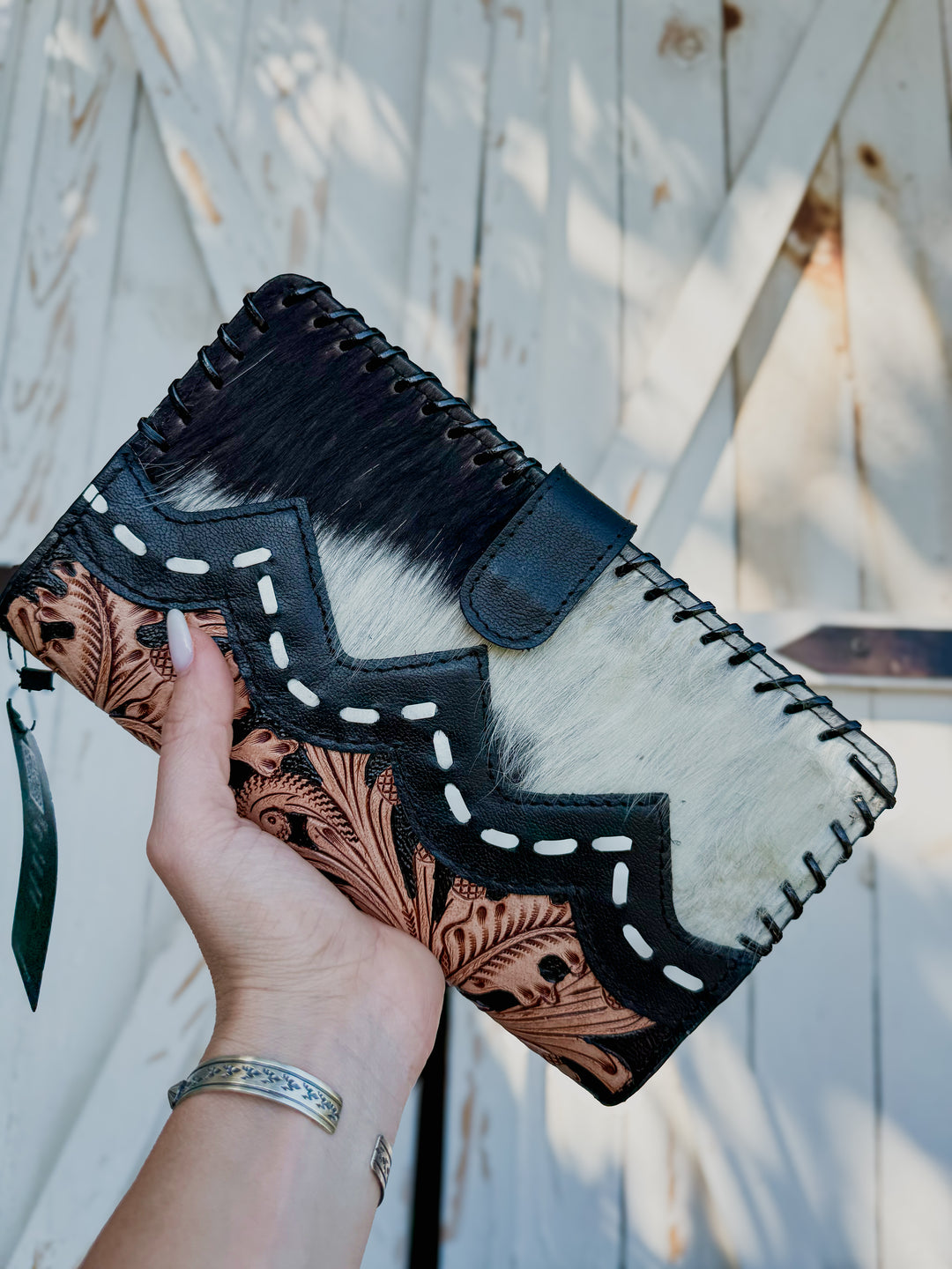 Business in Boots Oversized Black and White Cowhide Wallet | Western Tooled Leather Checkbook Wallet