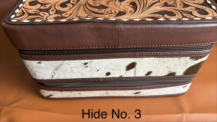 The Double Decker in Chocolate Brown | Large Dark Brown and White Cowhide and Tooled Leather Jewelry Case