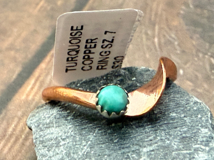 Navajo Handmade Pure Copper and Kingman Turquoise Stacker Rings - Size 7 and 7.5