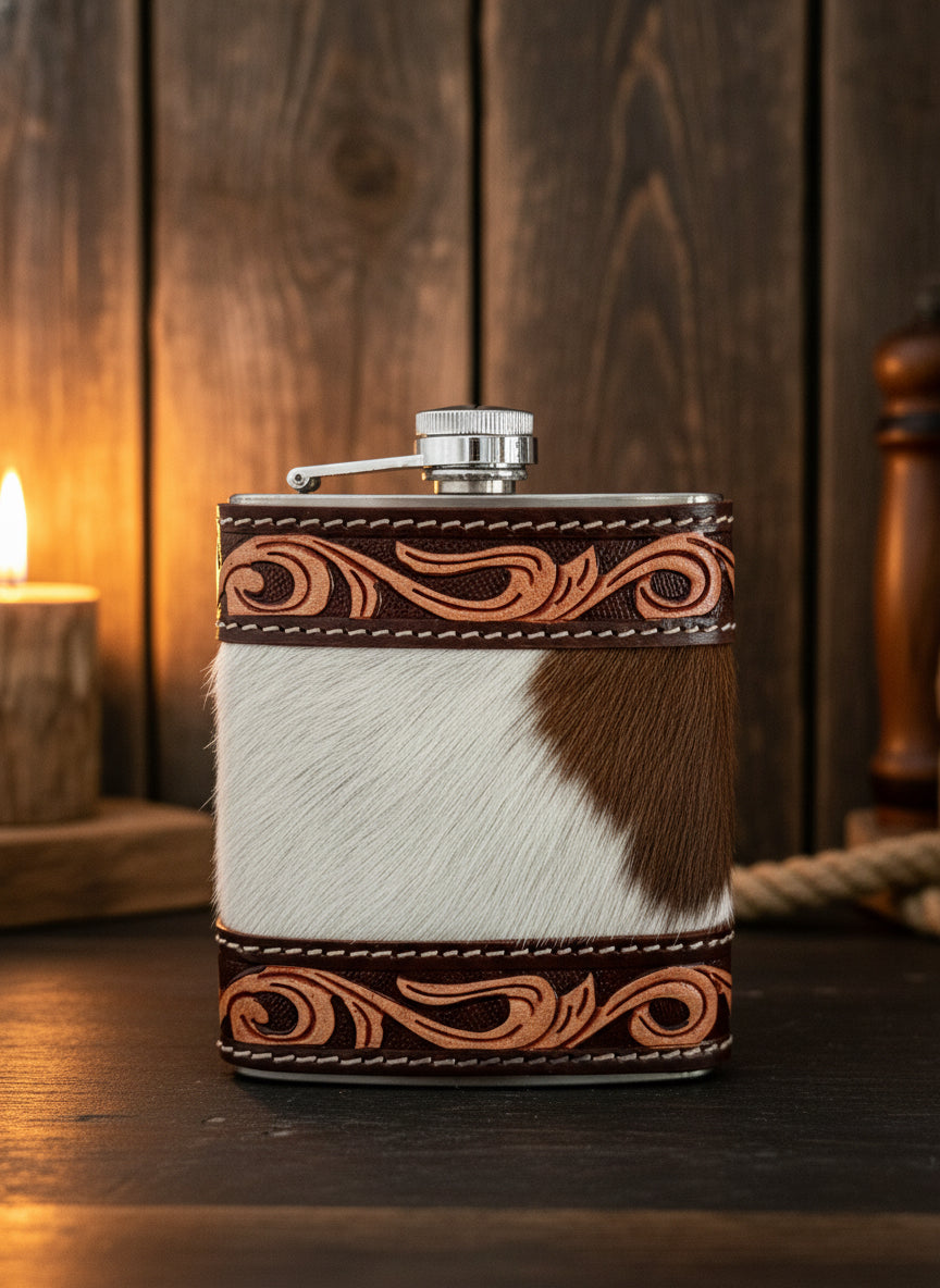 Tooled Leather and Hair On Cowhide Western Flask 