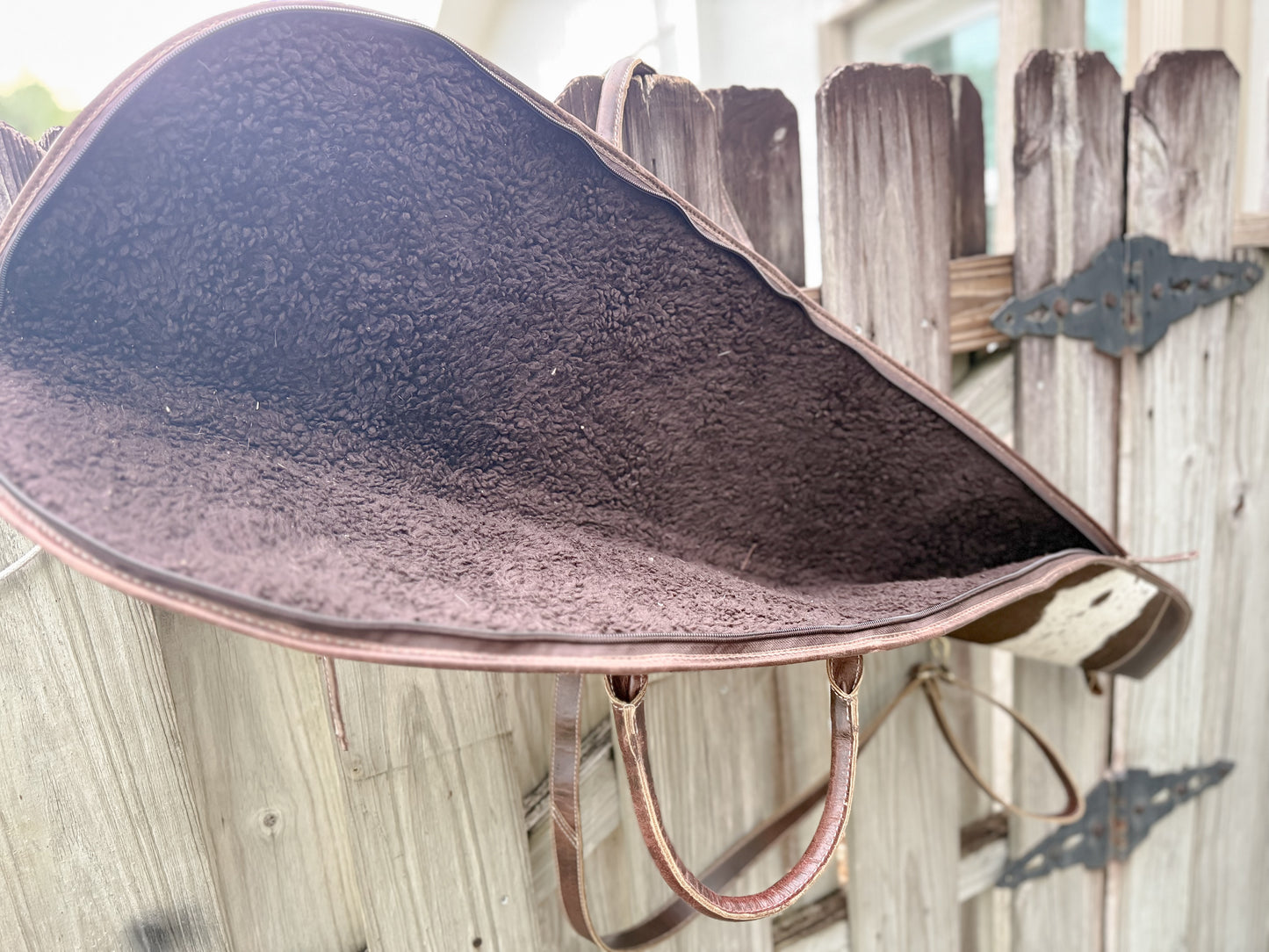 Custom Hair on Cowhide and Dark Brown Leather Padded Protective Western Rifle Case with Strap and Handles