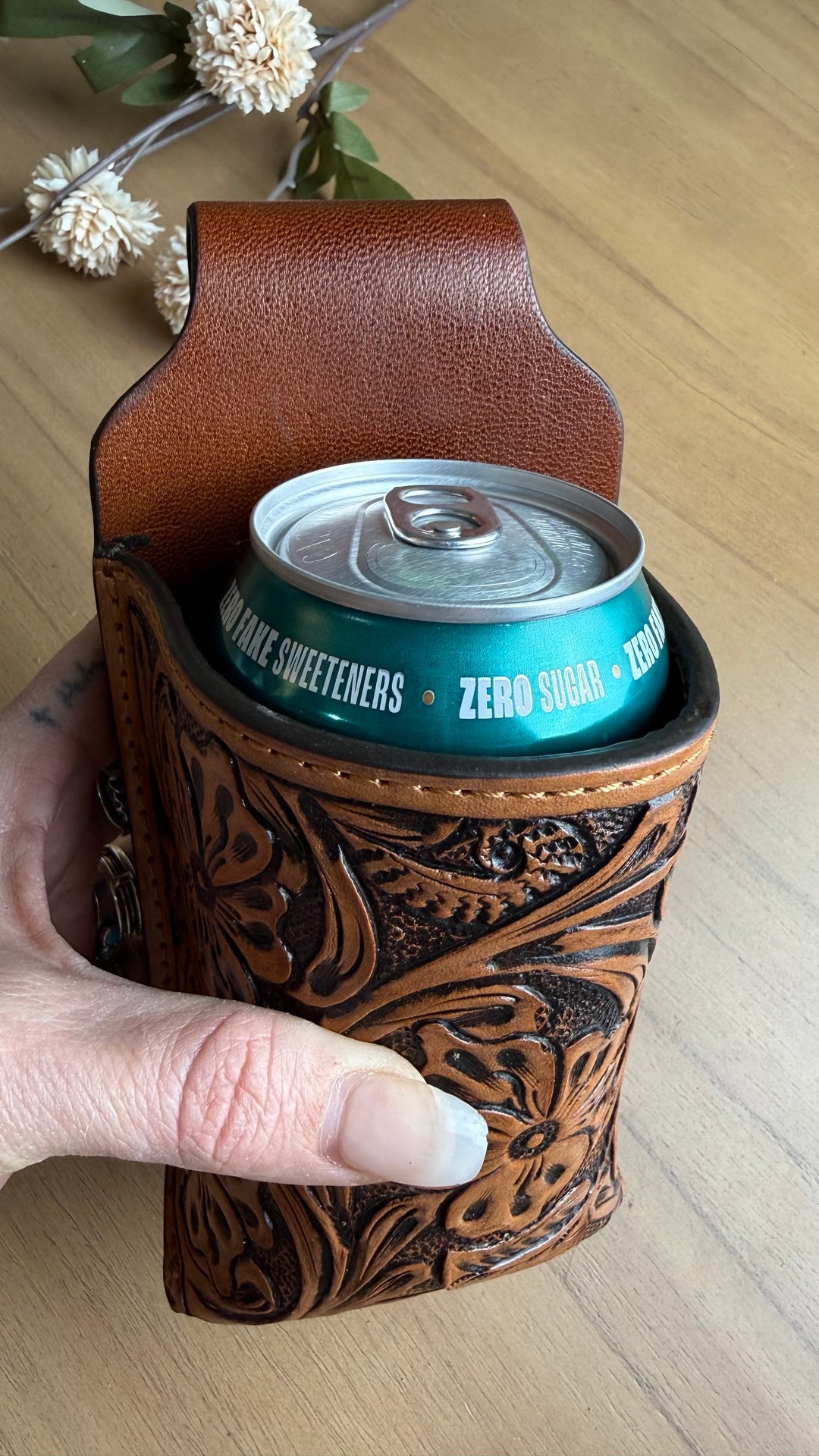 Tooled Leather Belt Drink Holster | Hands-Free Beverage Holder | Genuine Leather Festival, Market & Camping Cup Holder