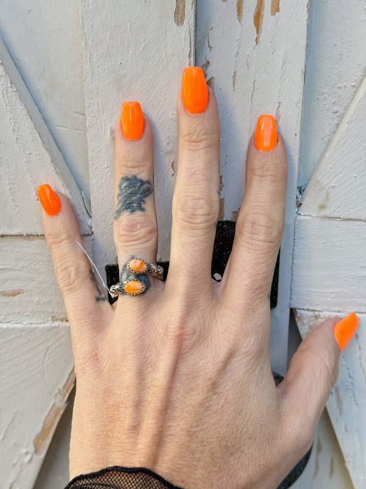 Orange spiny oyster Navajo adjustable bypass ring Navajo handmade sterling silver